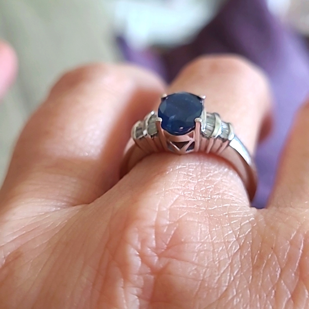 Natural Sapphire & baguette diamonds in sterling size 6